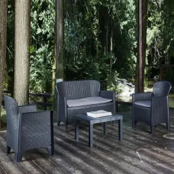 SET SALOTTO GIARDINO DIVANO 2 POLTRONE TAVOLINO CUSCINI EFFETTO RATTAN ANTRACITE 156043