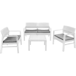 SET SALOTTO GIARDINO ESTERNO CON DIVANO 2 POLTRONE TAVOLINO EFFETTO RATTAN CON CUSCINI