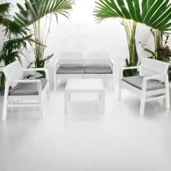 SET SALOTTO GIARDINO ESTERNO CON DIVANO 2 POLTRONE TAVOLINO EFFETTO RATTAN CON CUSCINI