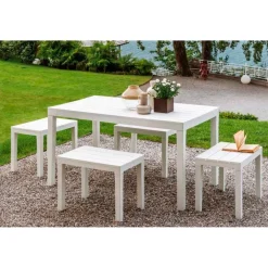 SET SALOTTO SAMOA DA 5PZ CON TAVOLO RETTANGOLARE 4 PANCHE 4 POSTI BIANCO ARREDO 090644