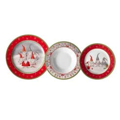 SET SERVIZIO DI PIATTI DA TAVOLA IN PORCELLANA 18 PEZZI DESIGN CON GNOMI NATALIZIO FESTIVO