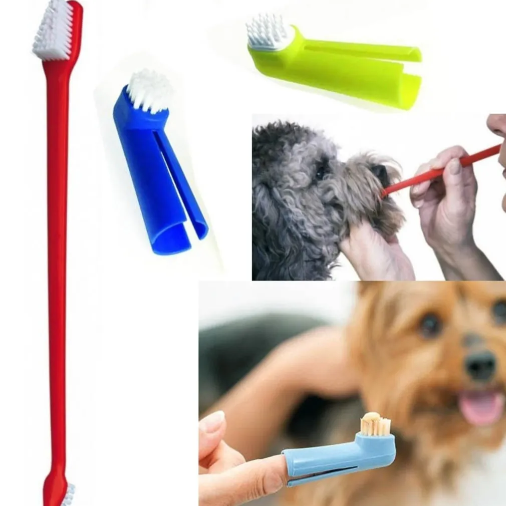 SET SPAZZOLINO LUNGO DOPPIO CON 2 TESTINE DITO PER CANE ANIMALI PULIZIA DENTI