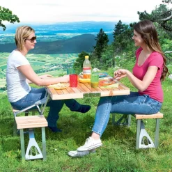 SET TAVOLO TAVOLINO PIEGHEVOLE PIC NIC CAMPEGGIO ALLUMINIO CON 4 SGABELLI LEGNO