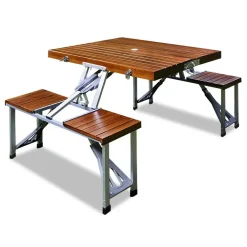 SET TAVOLO TAVOLINO PIEGHEVOLE PIC NIC CAMPEGGIO ALLUMINIO CON 4 SGABELLI LEGNO
