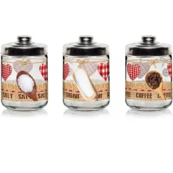 SET TRIS 3PZ BARATTOLI CONTENITORI DA CUCINA IN VETRO SALE ZUCCHERO CAFFÈ 800 CC