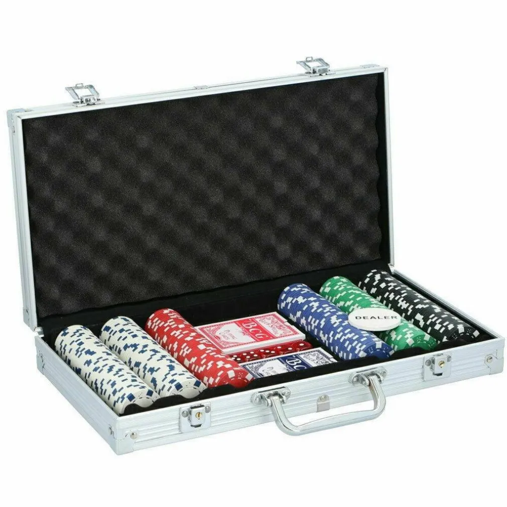 SET VALIGETTA DA POKER CONFEZIONE 300 FICHES 2 MAZZI DI CARTE 5 DADI