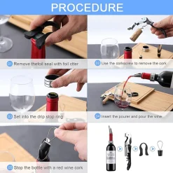 SET VINO 5IN1 CAVATAPPI APRIBOTTIGLIE MULTIFUNZIONE ANELLO ANTIGOCCIA TAPPO VERSATORE