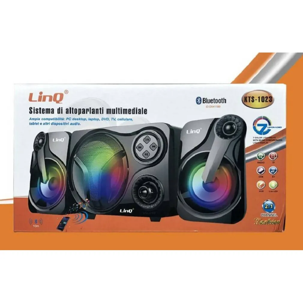 SISTEMA MULTIMEDIALE ALTOPARLANTI SPEAKER CASSE BLUETOOTH FM LUCI LED USB KTS-1023