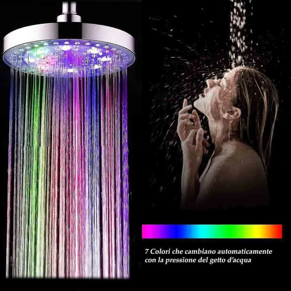 SOFFIONE DOCCIA TONDO 22CM LED RGB COLORATI BAGNO MISCELATORE 79904 CROMOTERAPIA