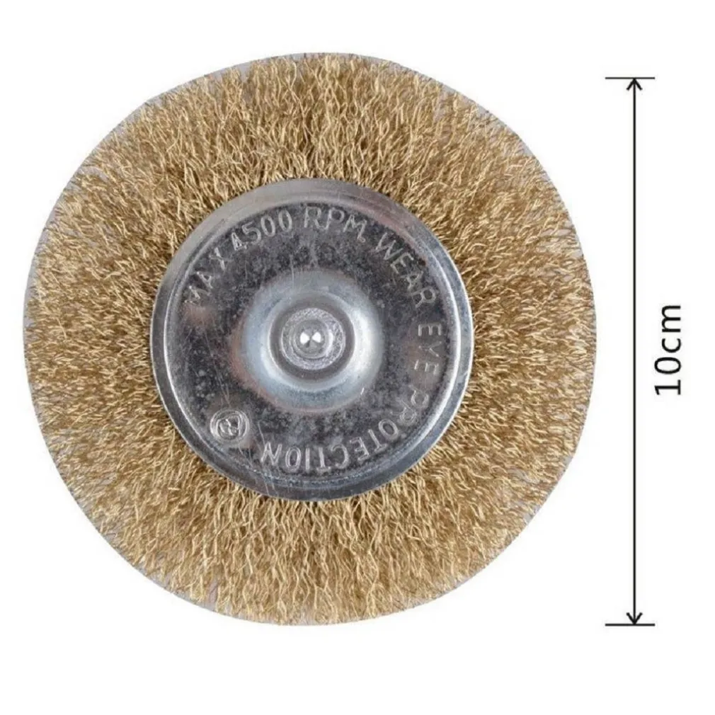 SPAZZOLA A DISCO FILO IN FERRO ONDULATI OTTONATI CON GAMBO 100 MM PER TRAPANO