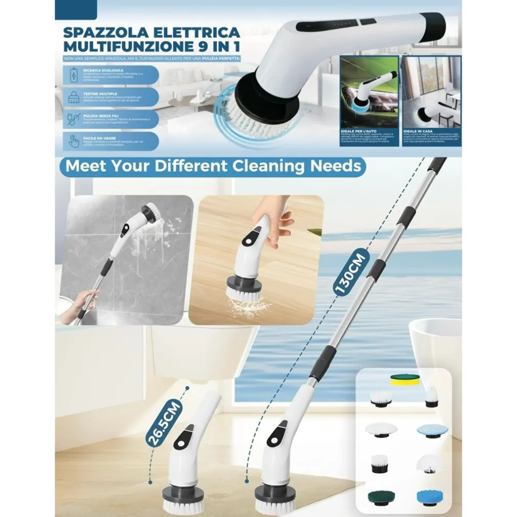 SPAZZOLA ROTANTE ELETTRICA MULTIFUNZIONE 9IN1 RICARICABILE SENZA FILI MANICO ESTENSIBILE