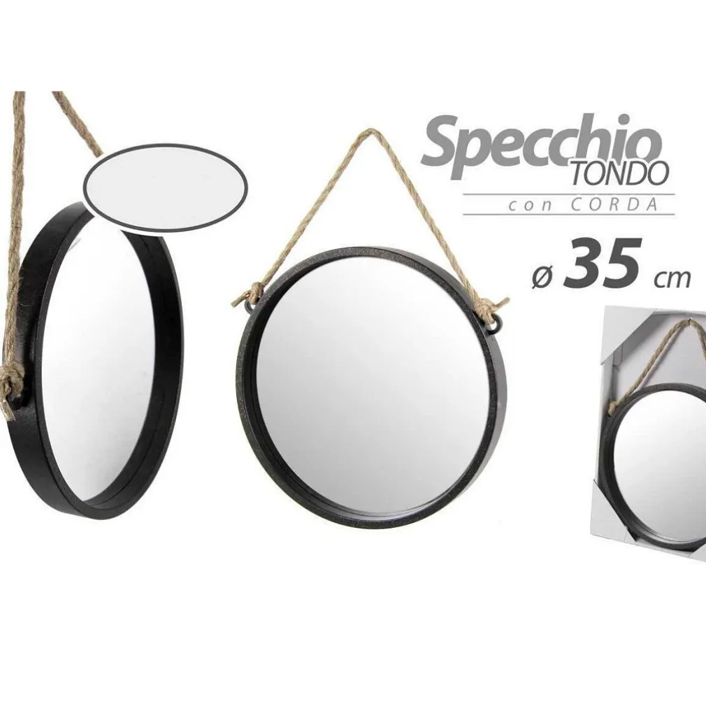 SPECCHIO 35 CM CON CORDA SPECCHIERA PARETE APPESO MURO TONDO MODERNO NERO 777059