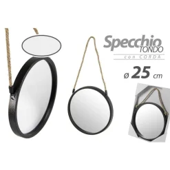 SPECCHIO 25 CM CON CORDA SPECCHIERA PARETE TONDO MODERNO NERO IN METALLO 777042