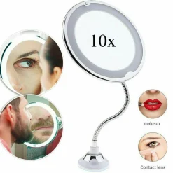 SPECCHIO BRACCIO FLESSIBILE MAKE UP LUCE LED ZOOM LENTE 10X CON VENTOSA BAGNO