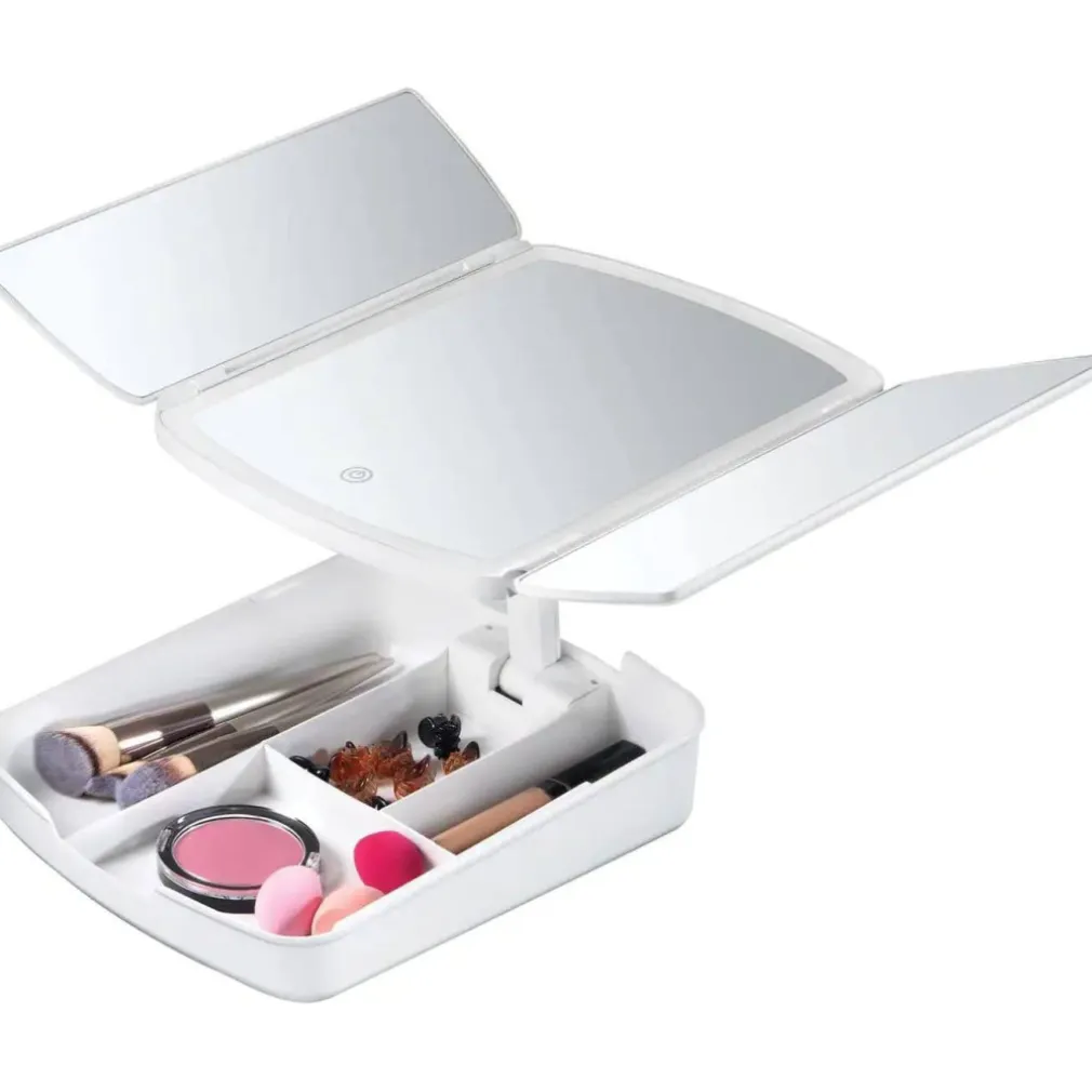 SPECCHIO MAKE UP CON LUCI A LED E CASSETTI PER TRUCCO REGOLABILE PIEGHEVOLE AWAY