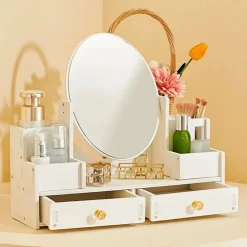 SPECCHIO TRUCCO CON CASSETTI IN LEGNO ORGANIZER GIOIELLI PENNELLI MONTAGGIO SU COMÒ