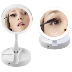 SPECCHIO TRUCCO LUCE LED DA TAVOLO BIFACCIALE 10X/1X 360° CONTENITORE PORTATILE PIEGHEVOLE