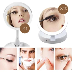 SPECCHIO TRUCCO LUCE LED DA TAVOLO BIFACCIALE 10X/1X 360° CONTENITORE PORTATILE PIEGHEVOLE