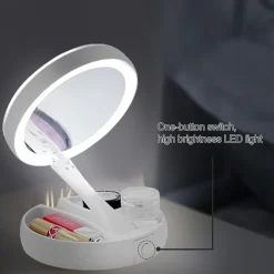 SPECCHIO TRUCCO LUCE LED DA TAVOLO BIFACCIALE 10X/1X 360° CONTENITORE PORTATILE PIEGHEVOLE