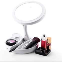 SPECCHIO TRUCCO LUCE LED DA TAVOLO BIFACCIALE 10X/1X 360° CONTENITORE PORTATILE PIEGHEVOLE