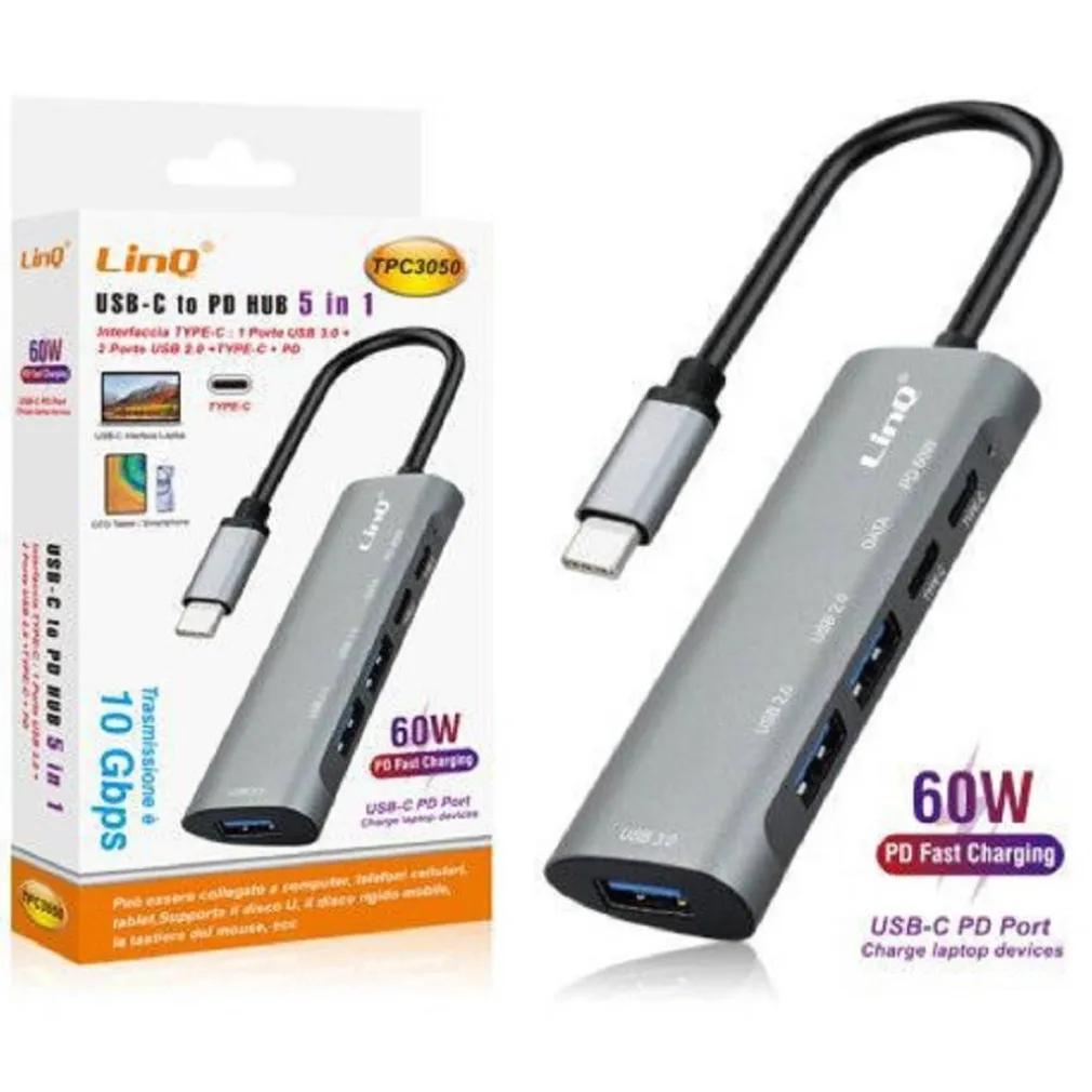 SPLITTER HUB TYPE-C TPC3050 10 GBPS RICARICA DATI RAPIDA 5IN1 USB 3.0 2.0 PD 60W