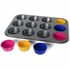 STAMPO TEGLIA PER 12 MUFFIN CUPCAKE IN ACCIAIO ANTIADERE CON PIROTTINI COLORATI