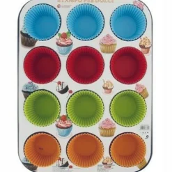 STAMPO TEGLIA VASSOIO ANTIADERENTE PER 12 MUFFIN DOLCI CON PIROTTINI IN SILICONE