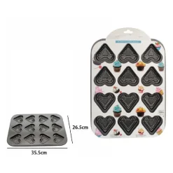 STAMPO TEGLIA VASSOIO ANTIADERENTE PER 12 MUFFIN CUPCAKE DOLCI BUDINO CUORI 59947