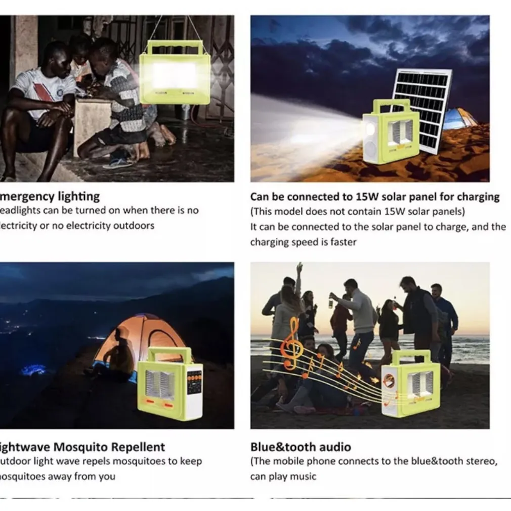 STAZIONE DI ENERGIA SOLARE PORTATILE GENERATORE DI EMERGENZA LUCE A LED E AUDIO