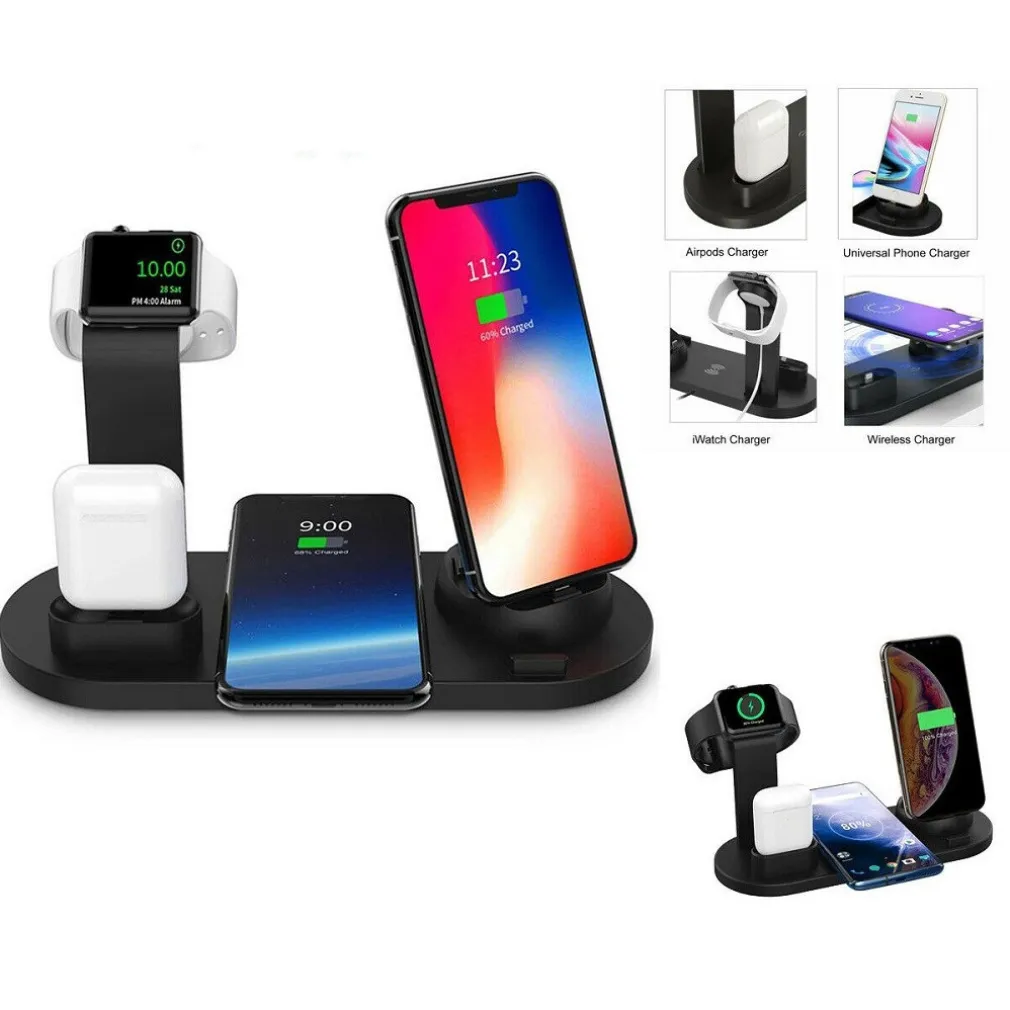 STAZIONE RICARICA WIRELESS 4 IN 1 QI AIR PODS IPHONE COMPATIBILE MICRO USB TYPE C