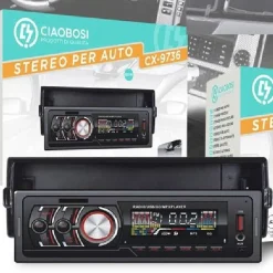 STEREO AUTO AUTORADIO LETTORE MP3 BLUETOOTH AUX USB OROLOGIO TELECOMANDO CX-9736