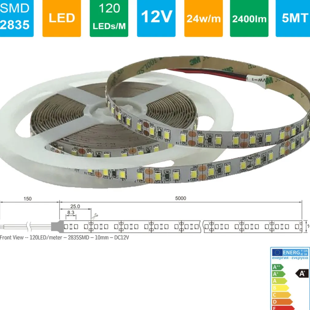 STRIP LED STRISCIA 600 LEDs/M 12V 24W/M LUNGHEZZA 5 MT 2400 LUMEN SENZA GUAINA