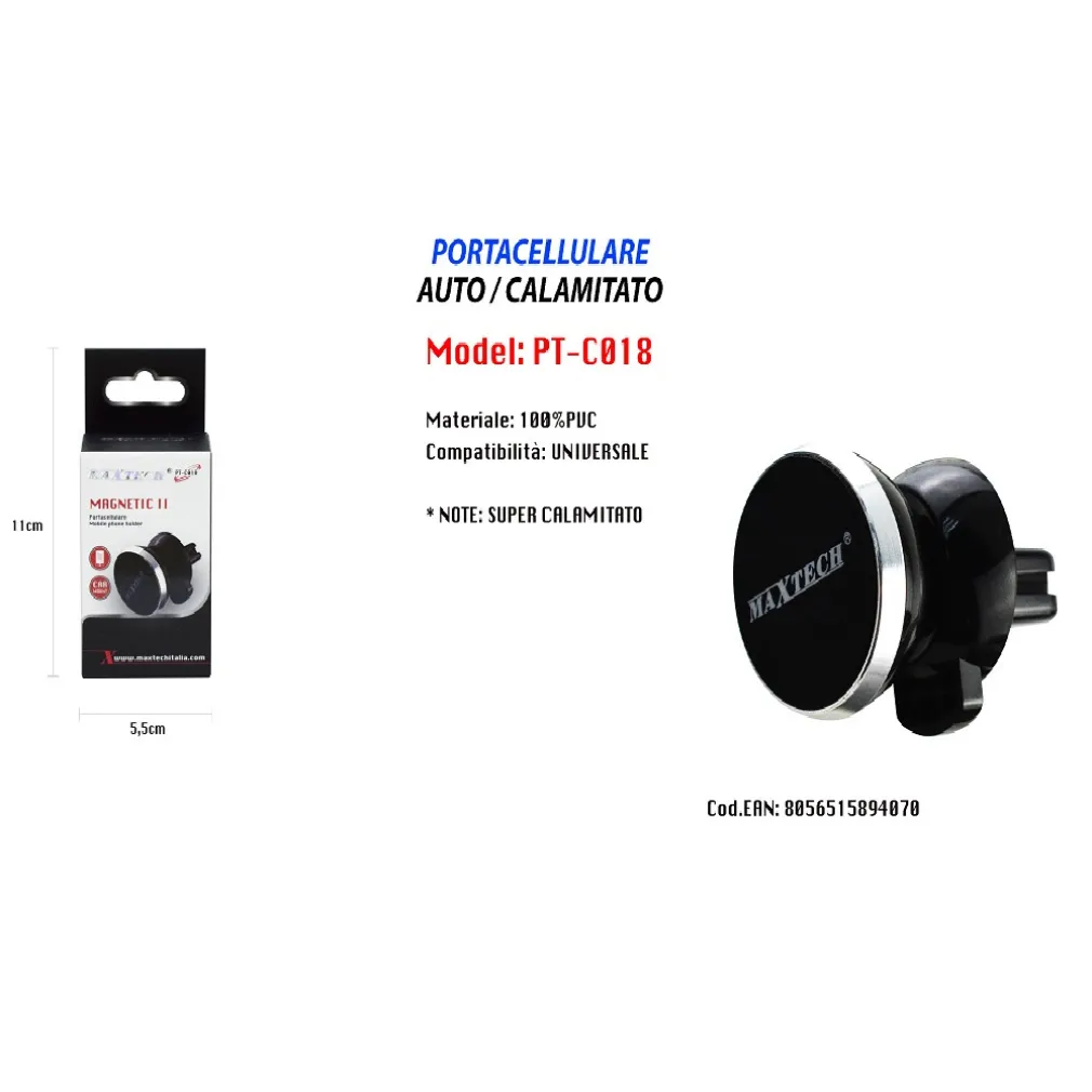 SUPPORTO CALAMITATO AUTO UNIVERSALE PER SMARTPHONE PORTACELLULARE MAXTECH PT-C018