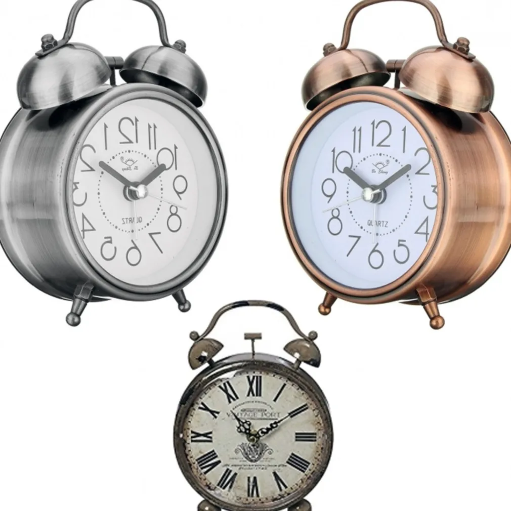 SVEGLIA ANALOGICA OROLOGIO METALLICA LUCE LED ALLARME SONORO CAMPANA STILE RETRò