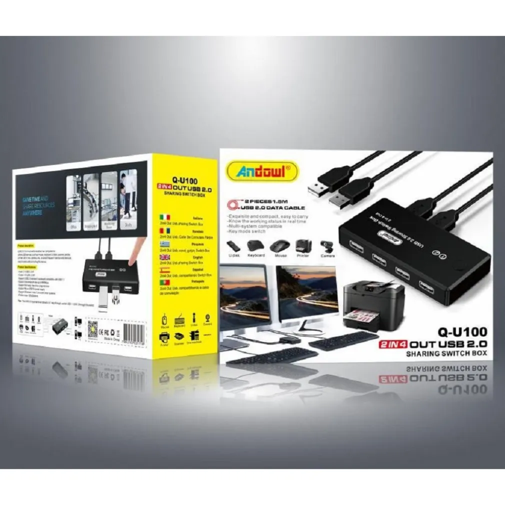 SWITCH BOX USB 2.0 HUB 2 INGRESSI 4 USCITE PER CONDIVIDERE 2 PC COMPUTER Q-U100