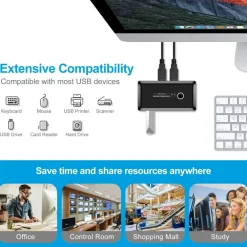 SWITCH BOX USB 2.0 HUB 2 INGRESSI 4 USCITE PER CONDIVIDERE 2 PC COMPUTER Q-U100
