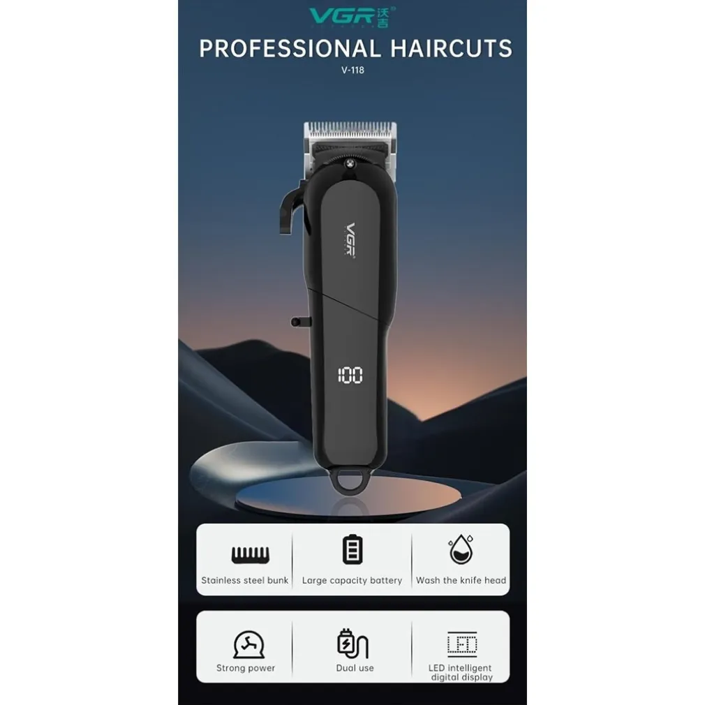 TAGLIACAPELLI PROFESSIONALE CON/SENZA FILO CON DISPLAY LED RASOIO USB VGR V-118