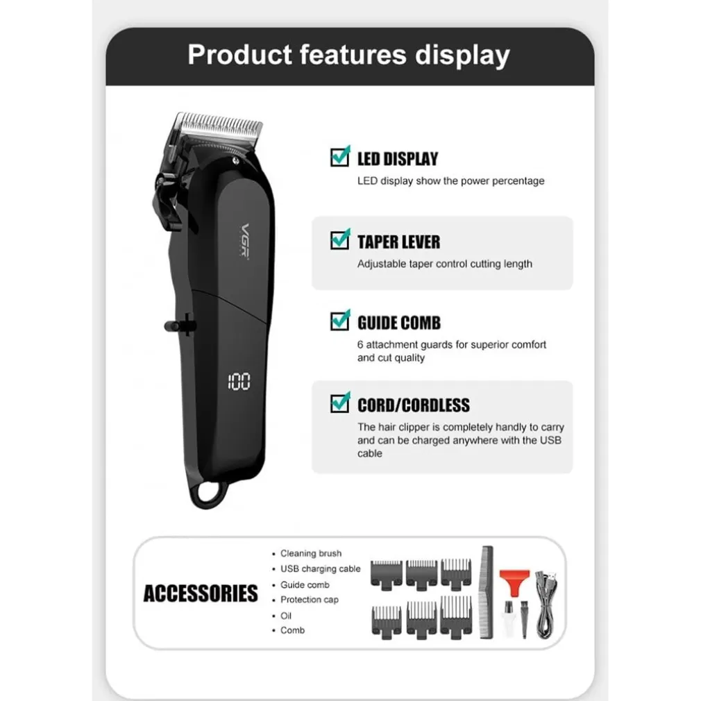 TAGLIACAPELLI PROFESSIONALE CON/SENZA FILO CON DISPLAY LED RASOIO USB VGR V-118