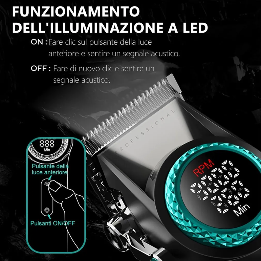 TAGLIACAPELLI PROFESSIONALE DA UOMO SENZA FILI PER BARBIERI DISPLAY A LED V-001