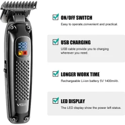 TAGLIACAPELLI REGOLABARBA PER UOMO CAVO/SENZA FILI RICARICABILE DISPLAY LED V-972