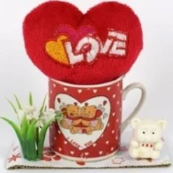 TAZZINA CON CUORE LOVE PELUCHE IDEA REGALO SAN VALENTINO 10.5X11X5CM CONFEZIONE