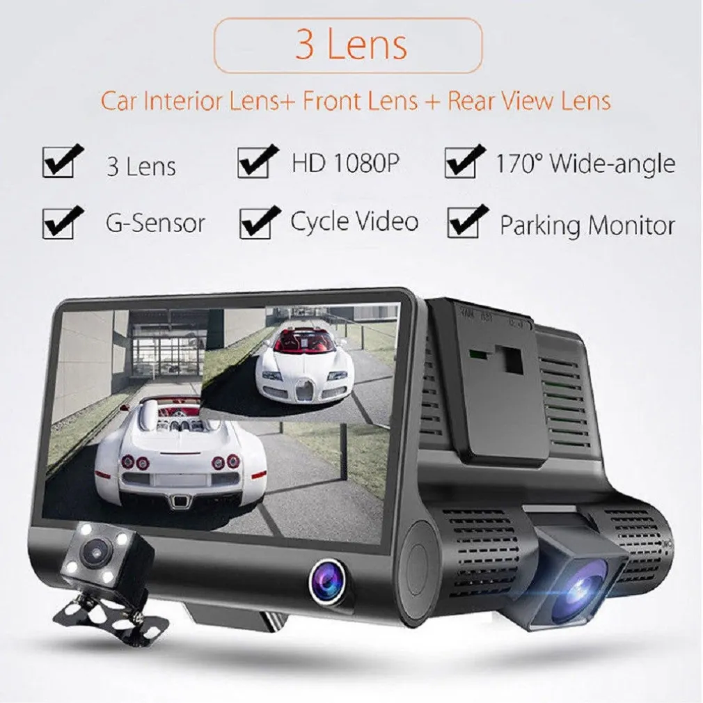 TELECAMERA DVR PER AUTO CAMPER FULL HD 1080P 3 TELECAMERE INTERNA ESTERNA LCD 4'