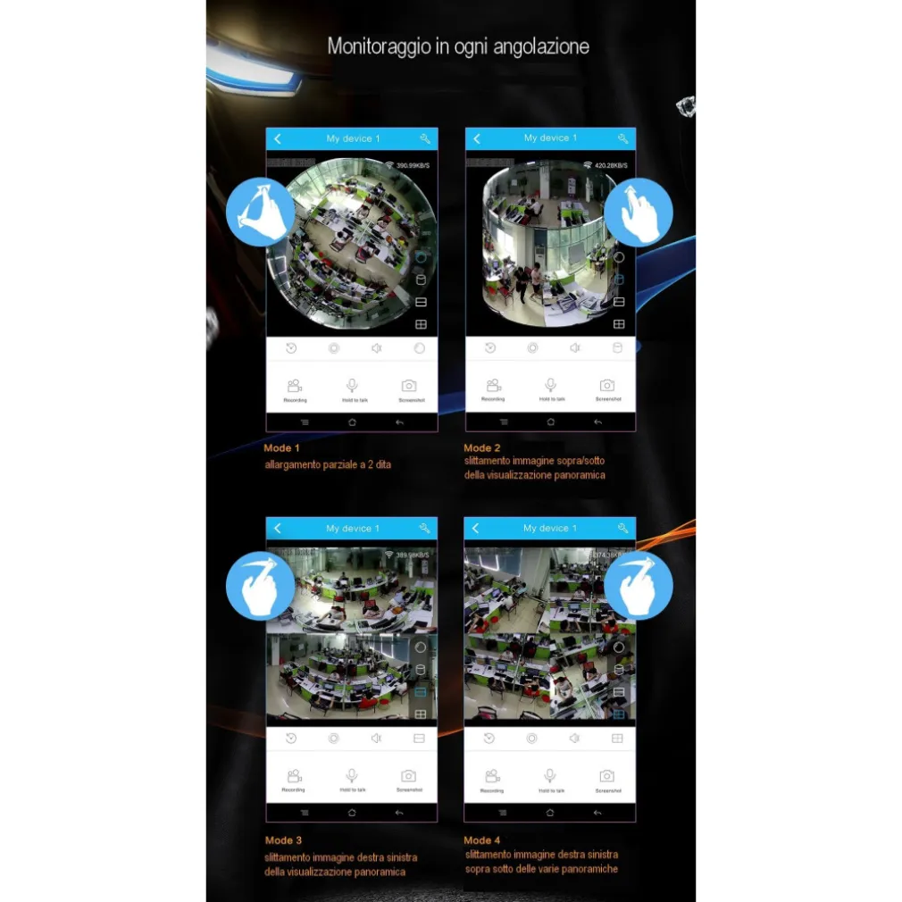 TELECAMERA WIFI PANORAMICA IP GRANDANGOLO 360° VRCAM FISHEYE 4 TELECAMERE IN 1