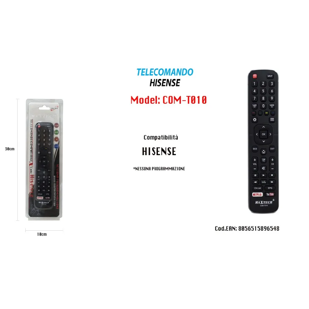 TELECOMANDO HISENSE RICAMBI SENZA PROGRAMMAZIONE LCD LED SERIETV YOUTUBE COMT010