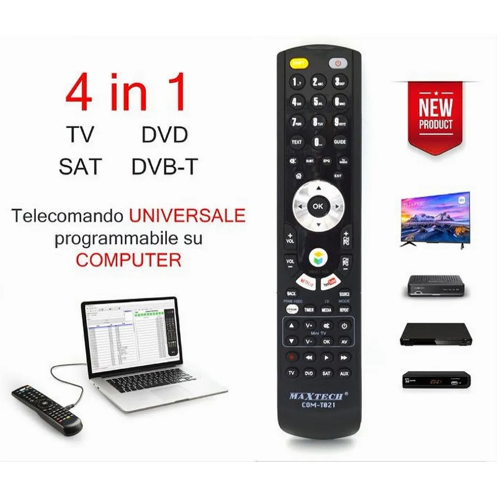 TELECOMANDO UNIVERSALE 4IN1 TV DVD SAT DVB-T PROGRAMMABILE DA COMPUTER COM-T021