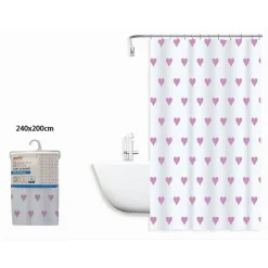 TENDA DA DOCCIA VASCA BAGNO IMPERMEABILE 12 GANCI CON CUORI ROSA 240X200CM 87092