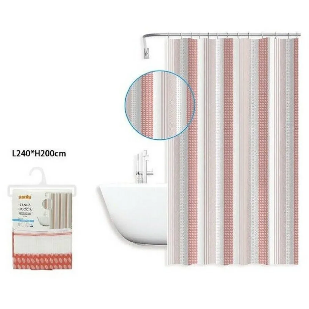 TENDA DOCCIA ANTIMUFFA IMPERMEABILE 240X200 CM CON ANELLI BAGNO 59814 RIGHE ROSA