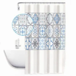 TENDA DOCCIA ANTIMUFFA IMPERMEABILE 180X180CM CON ANELLI MAIOLICHE AZZURRI 59530