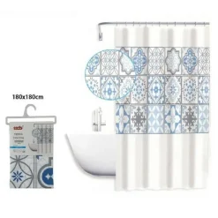 TENDA DOCCIA ANTIMUFFA IMPERMEABILE 180X180CM CON ANELLI MAIOLICHE AZZURRI 59530