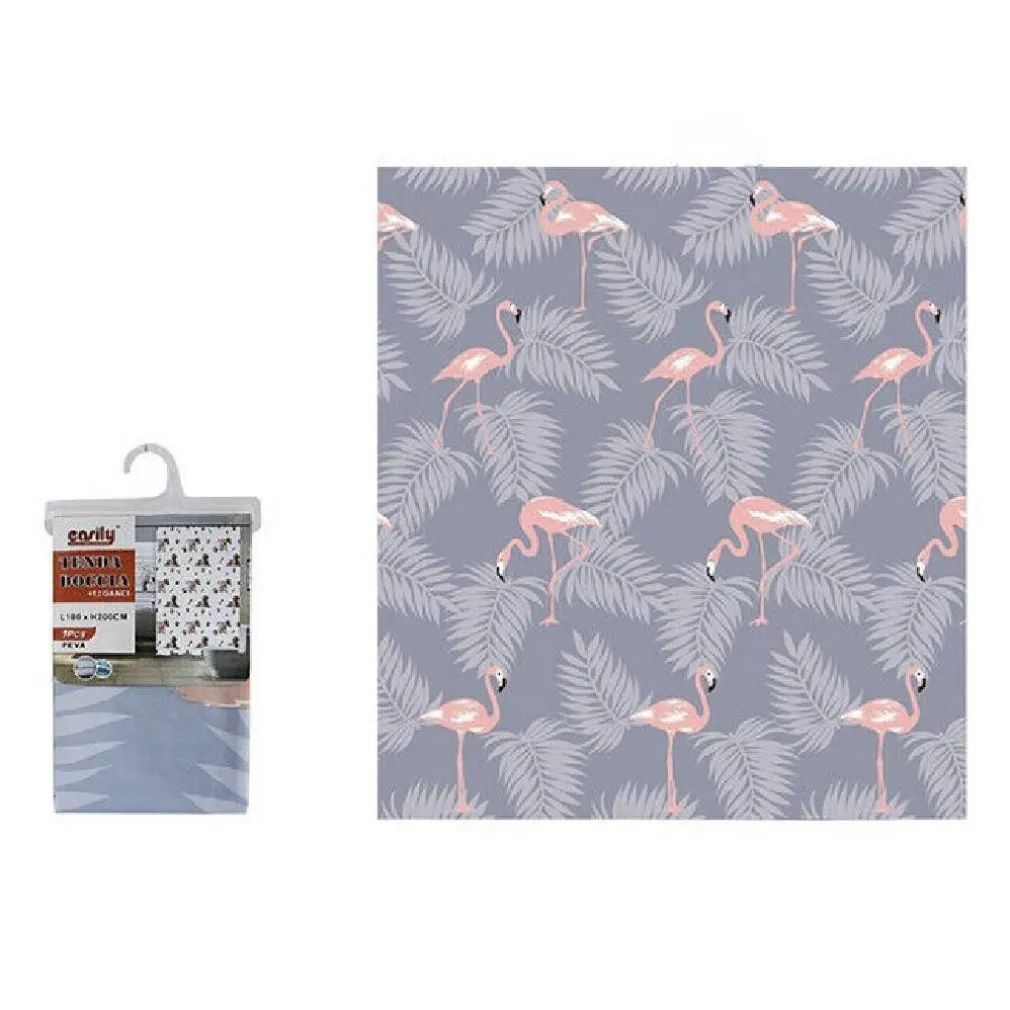 TENDA DOCCIA IMPERMEABILE TESSUTO PVC 12 GANCI IN PLASTICA FENICOTTERI 180X200CM